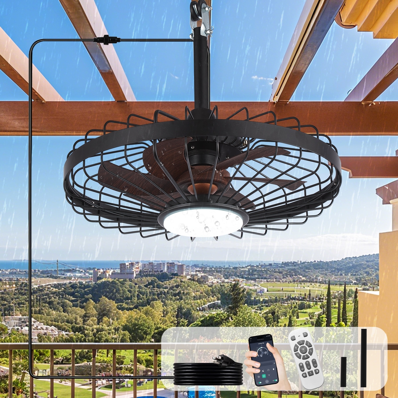 Outdoor Ceiling Fan with Light: 20 Inch Waterproof Gazebo Hanging - Plug in Remote App Control Caged Fans - 6 Speed Black