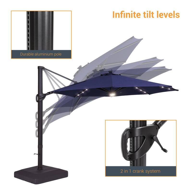 LIVOOSUN 11Ft LED Patio Hanging Octagon Cantilever Umbrella with 360-degree Rotating Canopy