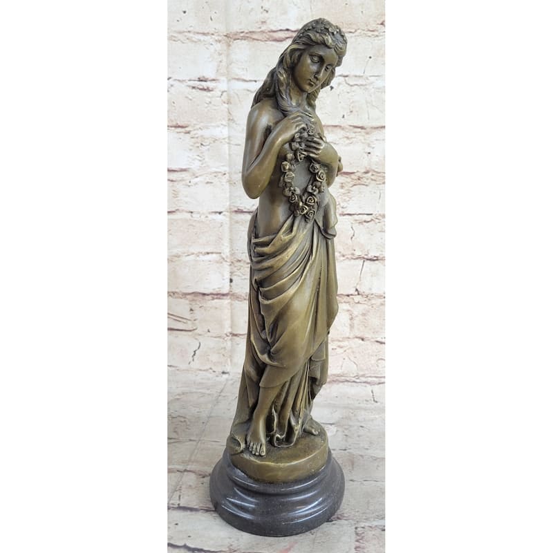Young Girl Holding Floral Wreath Lei Bronze Statue Sculpture Figure 13 Inches X 4 Inches