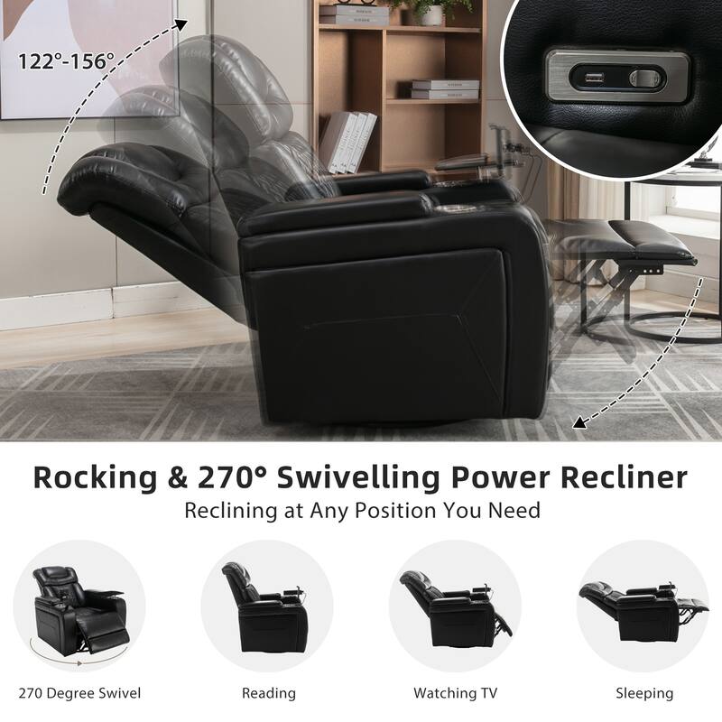 270° Swivel PU Leather Power Recliner with Phone Holder, Cup Holder, USB Port Home Theater Recliner for Living Room