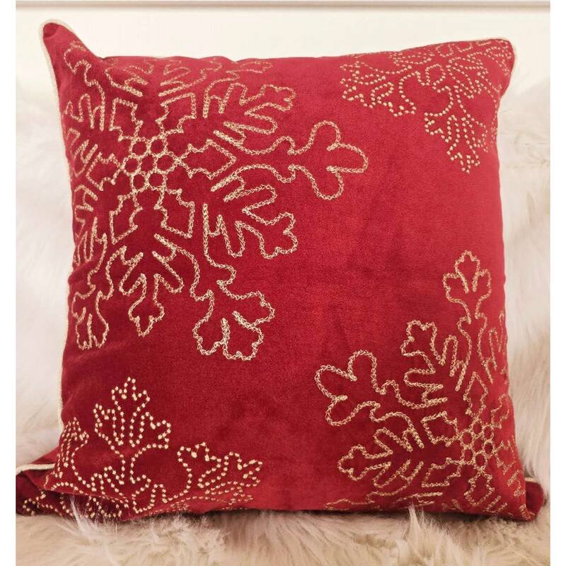 Velvet Holiday Throw Pillow 20x20 with Snowflake Embroidery and Insert