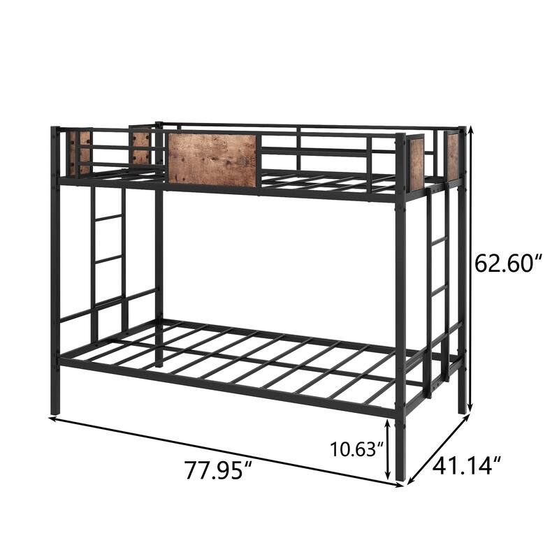Twin Over Twin Metal Bunk Bed with Safety Guard Rails, Heavy Duty, Space-Saving Design, Vintage Brown