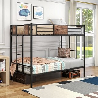 Twin Over Twin Size Metal Bunk Bed, Industrial Bunkbeds with 2 Built-in Ladder and Full-Length Guardrail, No Box Spring Needed