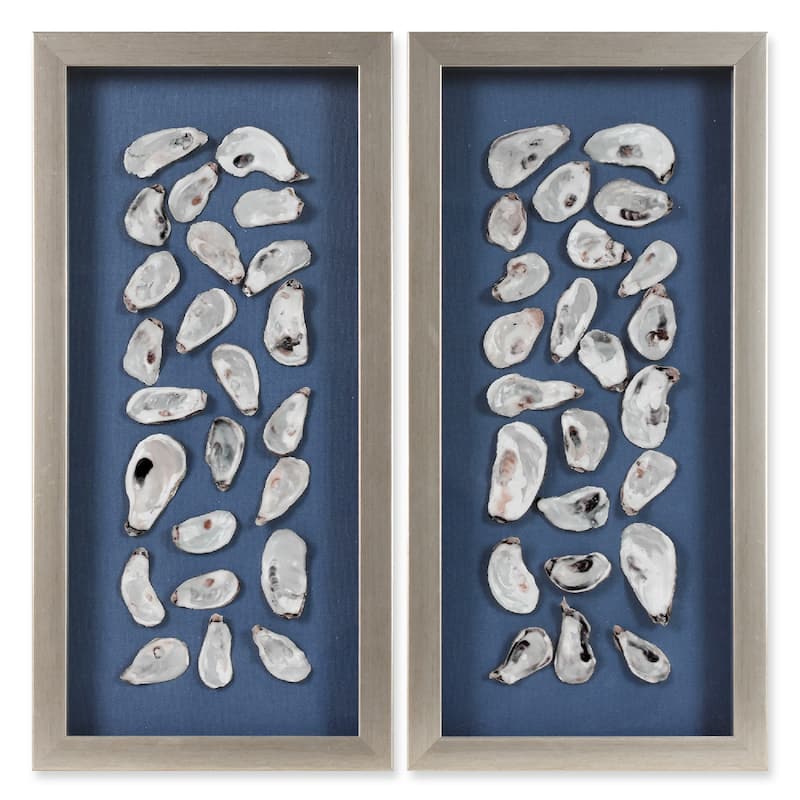 American Art Decor 2-Piece Coastal Seashell & Sea Glass Shadowbox Framed Wall Art Set - Oyster Shell Shadowbox