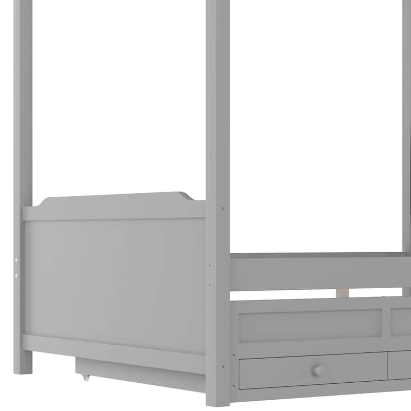 Full/Twin Platform Bed with Upholstered Headboard, Trundle & 3 Drawers, Princess Canopy Bed