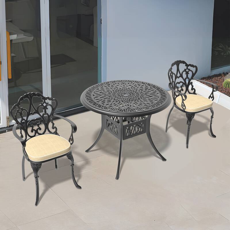 3/5-Piece Cast Aluminum Outdoor Dining Set with 35.43 in. Round Table and Random Color Seat Cushions - Black( 3-Piece Sets-C)