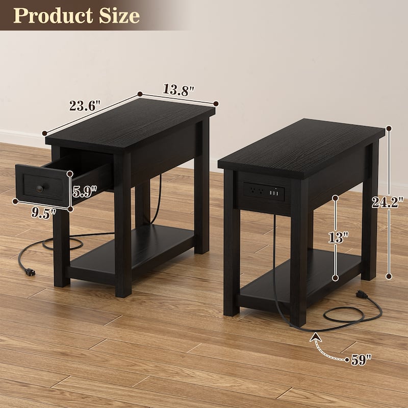 Farmhouse End Table with Wood Drawers and Charging Station, Sofa Side Table, Nightstand