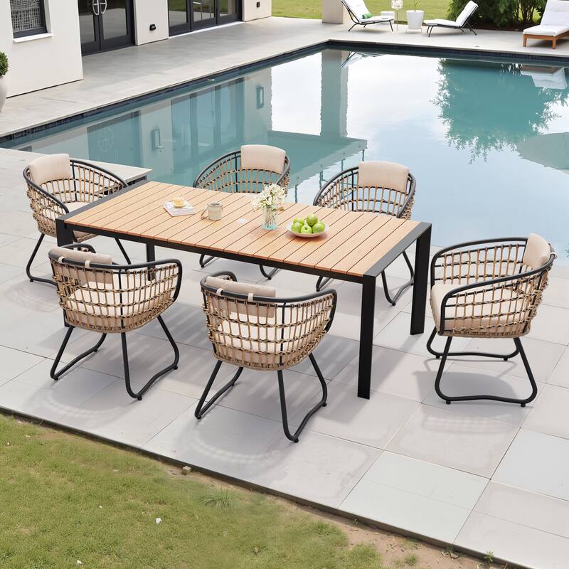 Outdoor Patio Dining Set Aluminum Table with Umbrella Hole with Rattan Chairs
