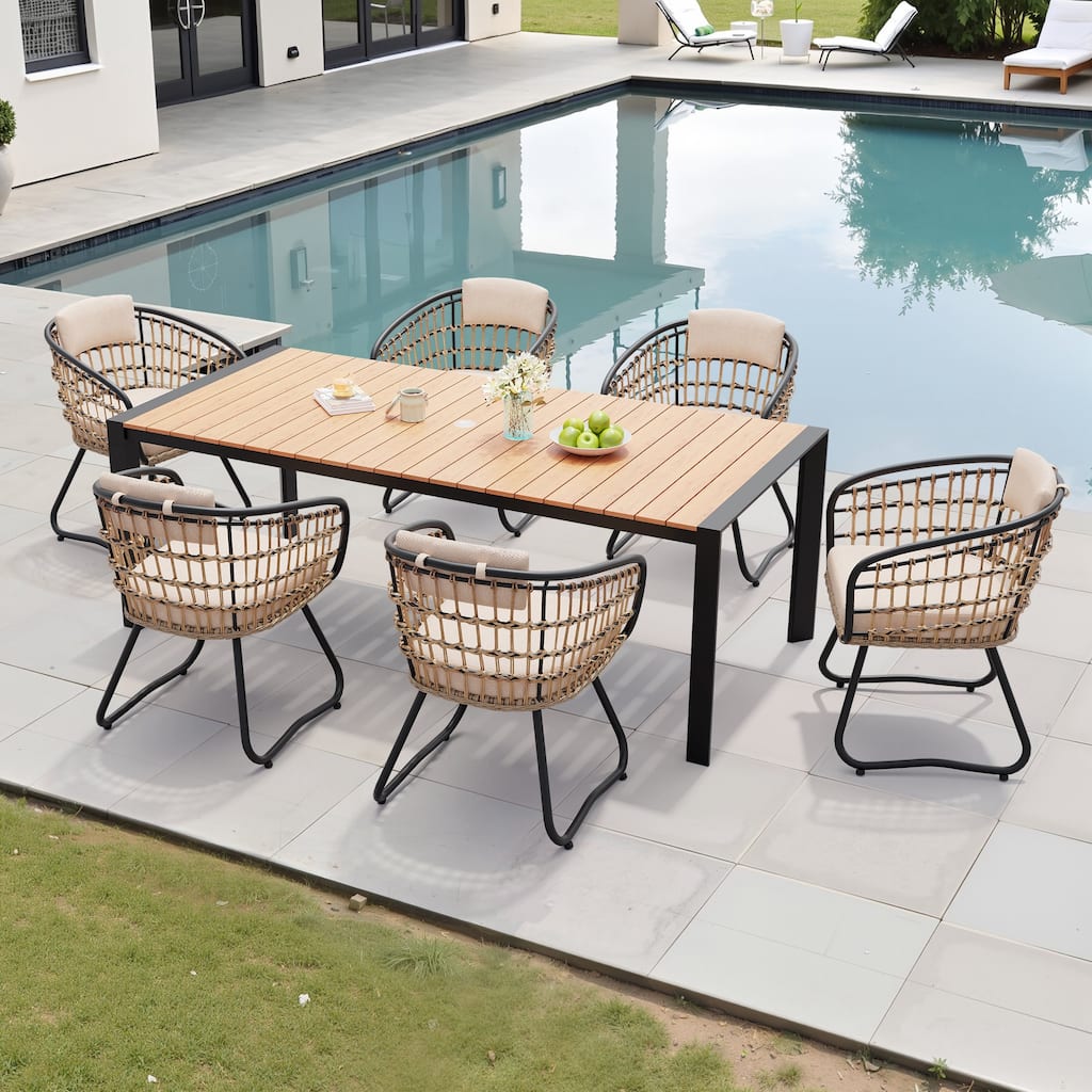 Outdoor Patio Dining Set Aluminum Table with Umbrella Hole with Rattan Chairs