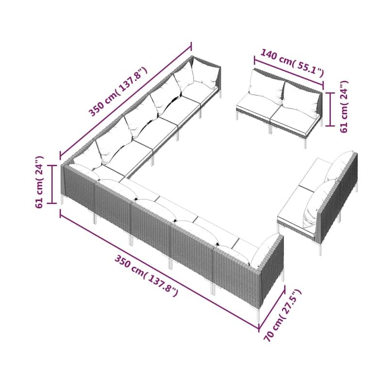 vidaXL Patio Lounge Set Outdoor Sectional Corner Sofa Poly Rattan Dark Grey - 27.6" x 27.6" x 24"