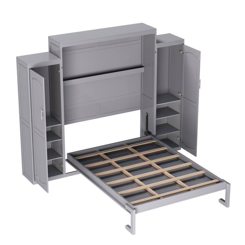 Multifunctional Queen Size Wooden Murphy Bed w/ 2 Wardrobe & Storage Shelf Foldable Wall Bedframe for Guest-Room, Bedroom