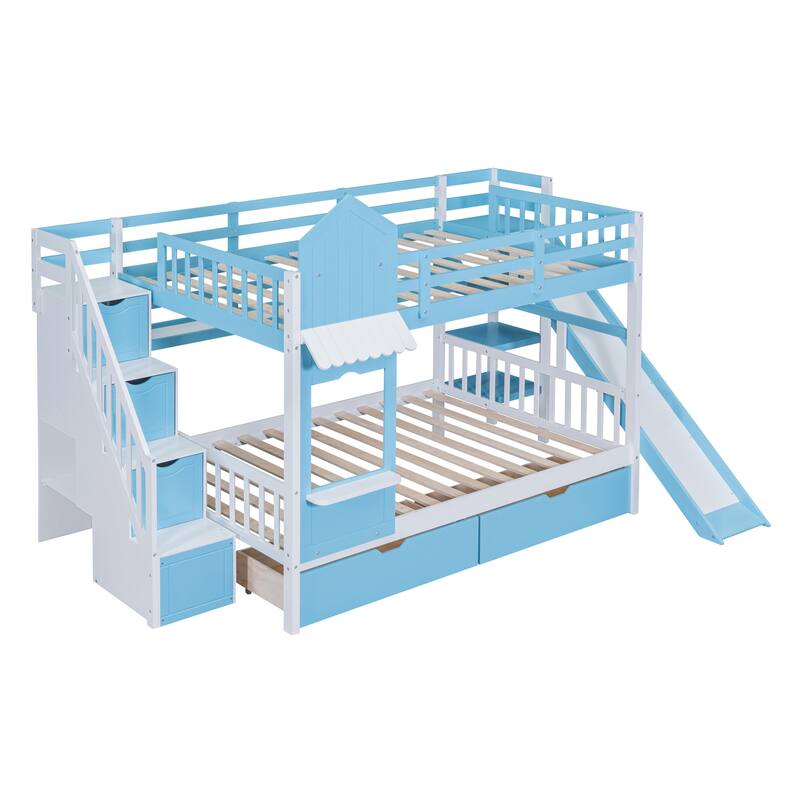 Full-Over-Full Castle Style Bunk Bed with 2 Drawers, 3 Shelves, and Slide - Blue