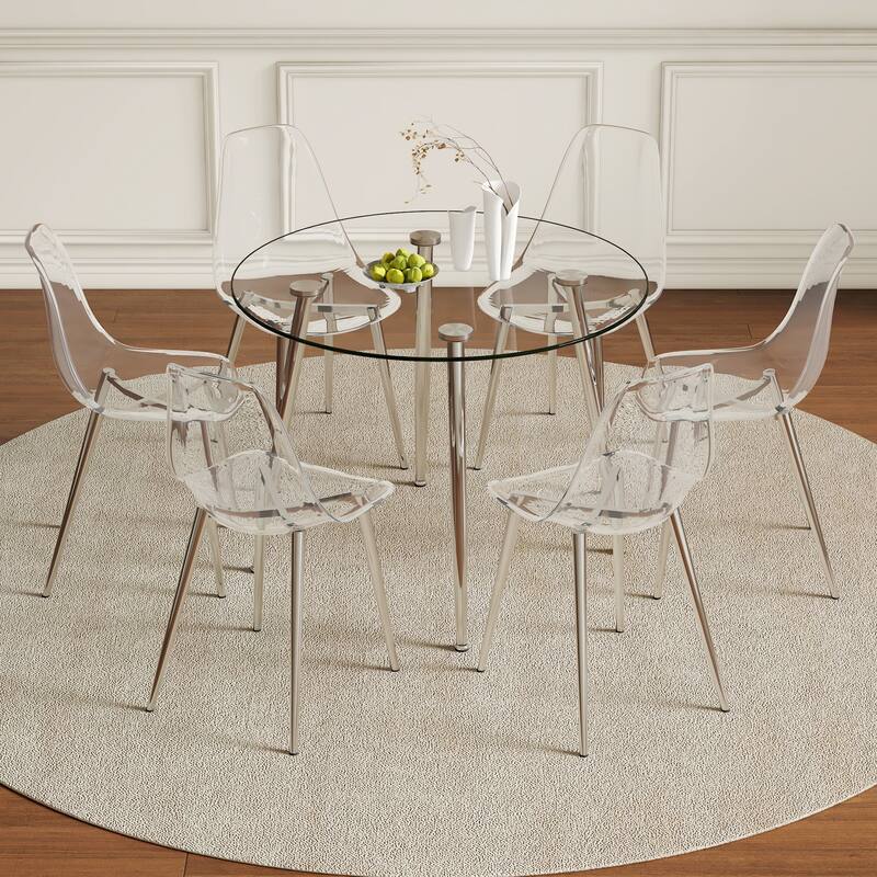 7-Piece Dining Table Set.A 38.6" Transparent Tempered Glass Round Dining Table with 6 Transparent Plastic Dining Chair