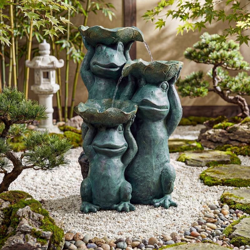 Zen 3-Tier Frog Fountain with Water Bowls and LED Lights for Outdoor Use