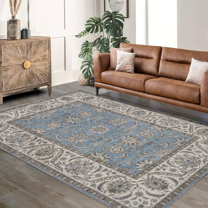 Washable Area Rugs for Living Room Stain Resistant Carpet Vintage Rugs Bedroom Low Pile Non Slip Accent Carpet - 5' x 7' - Blue