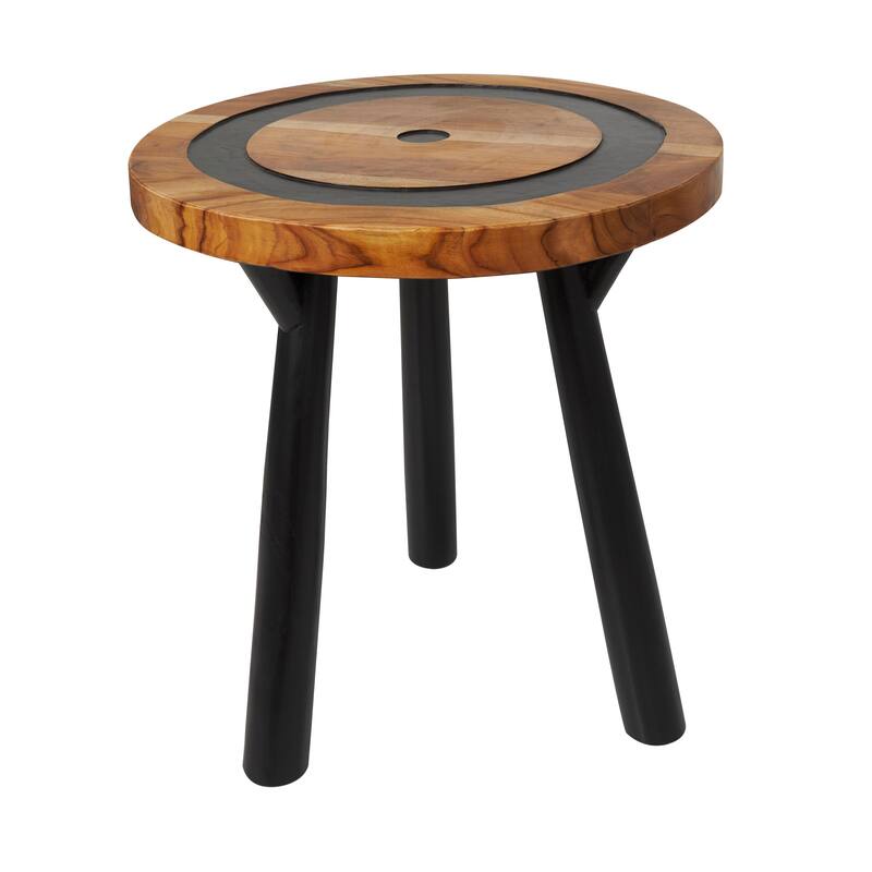 Teak Wood Geometric Layered Circle Accent Table with Black Legs - Brown - Roche River Decor - Brown