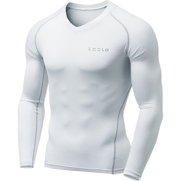 White/Light Gray TSLA Tesla YUV34 V-Neck Long Sleeve Compression Shirt Medium 