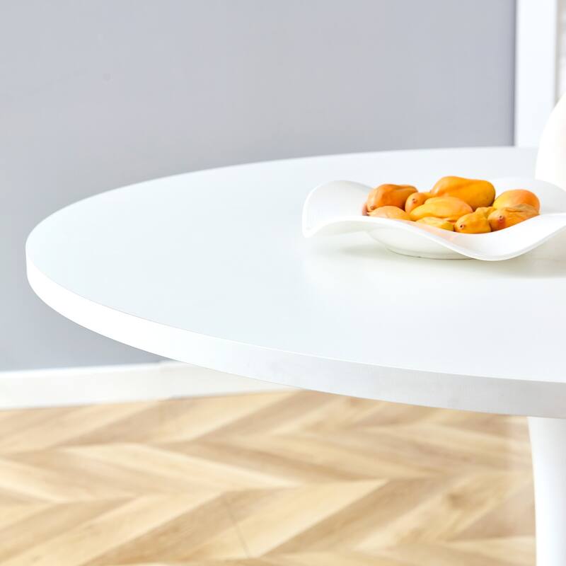 Modern Dining Table Set with Circular White Top, Ergonomic Arched Chairs, Hourglass Metal Legs, Anti-Slip Feet
