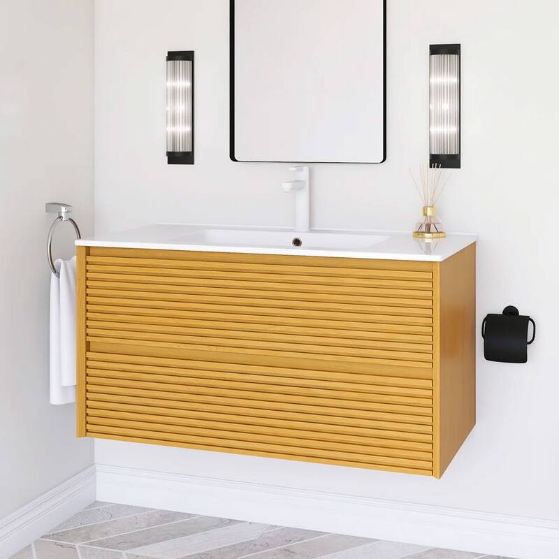 Wall-Mounted Bathroom Vanity with White Ceramic Sink