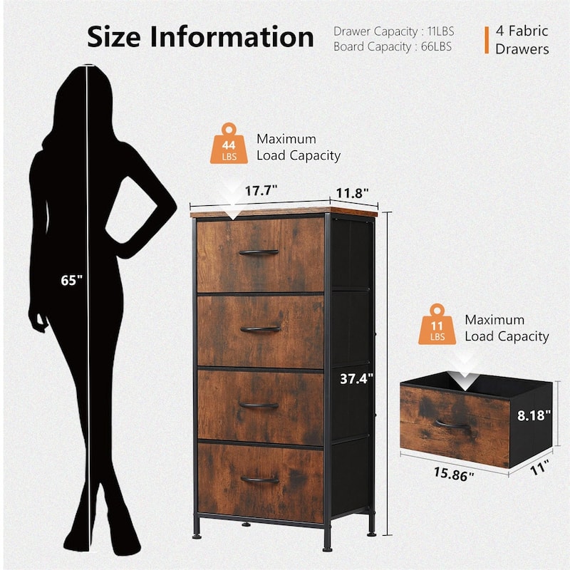 Dresser for Bedroom with 4 Fabric Drawers, Tall Chest Organizer Units for Clothing, Closet, Kidsroom, Storage Tower with Cabinet