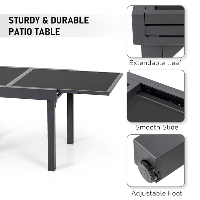VredHom Outdoor Tempered Glass Top Aluminum Extendable Dining Table - 35.4 in W x 35.4-70.9 in L x 29.5 in H