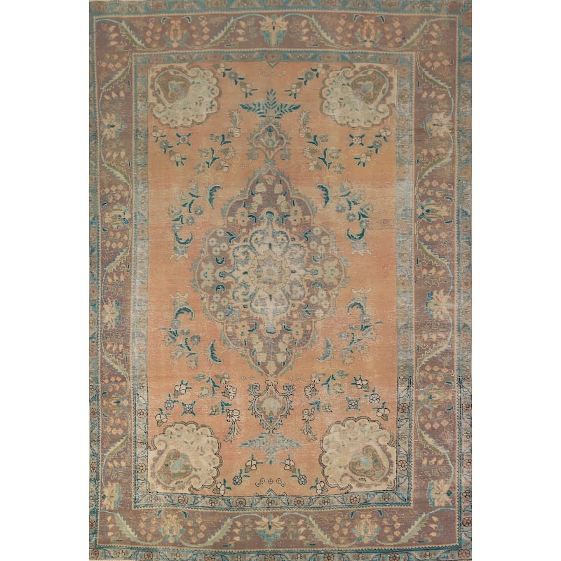 Handmade Orange Tabriz Persian Vintage Wool Carpet - 6'4" x 9'9"