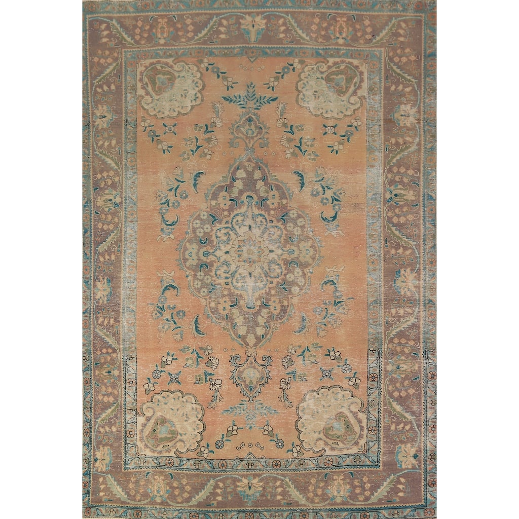 Handmade Orange Tabriz Persian Vintage Wool Carpet - 6'4" x 9'9"