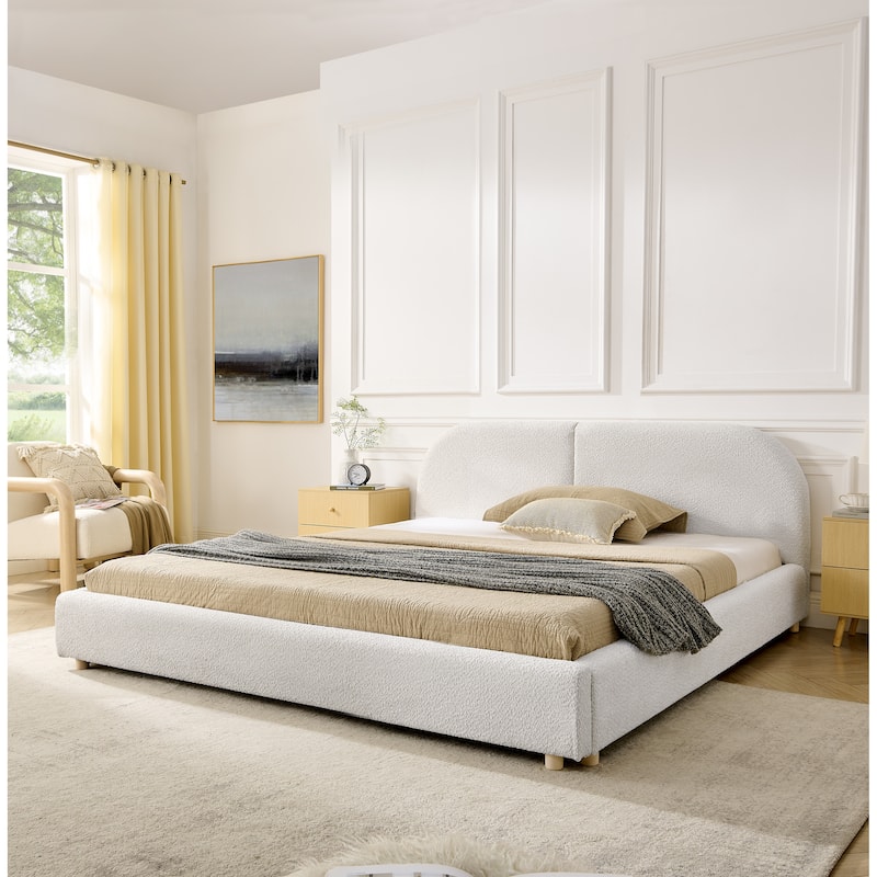 Fabric Upholstered Bed Frame Modern American Platform Bed Frame with Curved Headboard/Sturdy Legs Support/No Box Spring Needed