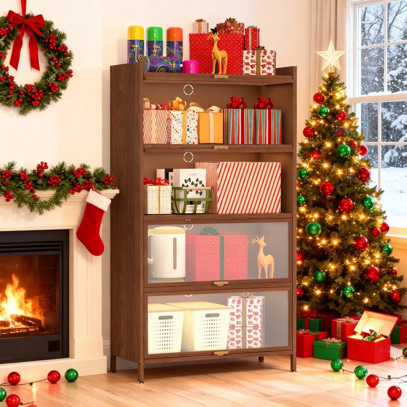 Anmytek 5 Tier Metal 4 Flip Doors Storage Cabinet Pantry Kitchen Organizer Steel Shelf Wood Look Modern