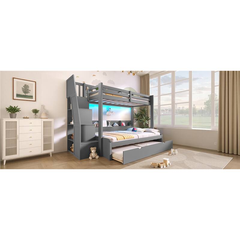 Roomfitters Twin Over Full Bunk Bed with Storage Staircase, Trundle, LED and USB