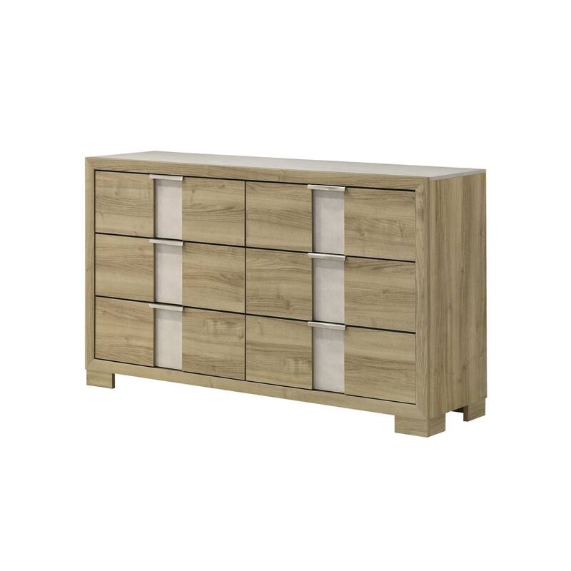 Amey Wide Dresser with 6 Drawers, White Trim, Driftwood Brown Finish