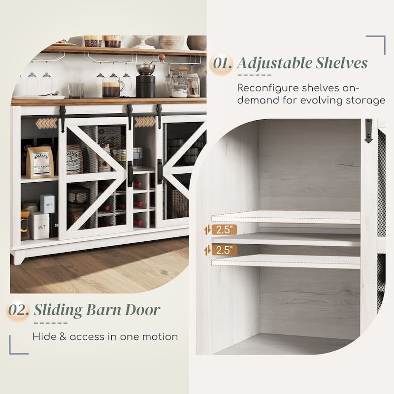 Farmhouse Coffee Bar Cabinet with LED Lights Wine Rack Glass Holders and Sliding Barn Doors - 55.1" W x 15.7" D x 44.1" H