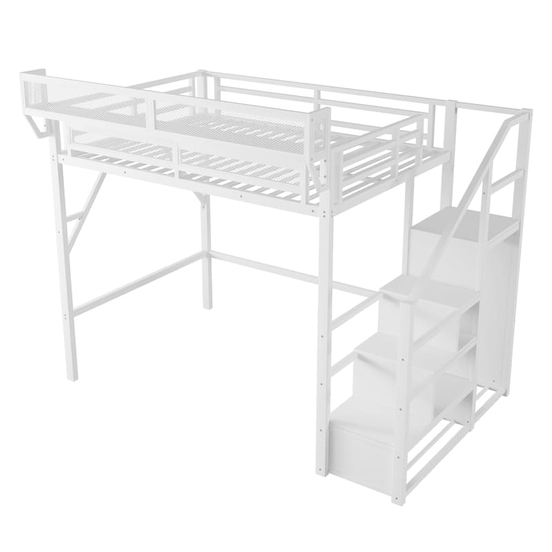 Full Size Loft Bed with Stairs, Metal Full Loft Bed with Storage Shelves, High Loft Bed with Wardrobe for Kids Teens