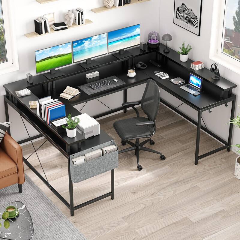 U Shaped Desk, 126 Inch Gaming Desk with Monitor Stand and LED Lights