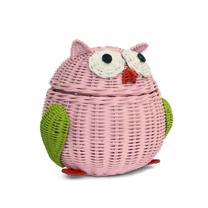 Pink Owl Rattan Storage Basket with Lid Decorative Home Decor Hand Woven Shelf Organizer Cute Handmade Handcrafted Gift Art - 9.5" tall x 9.5" wide x 8" deep