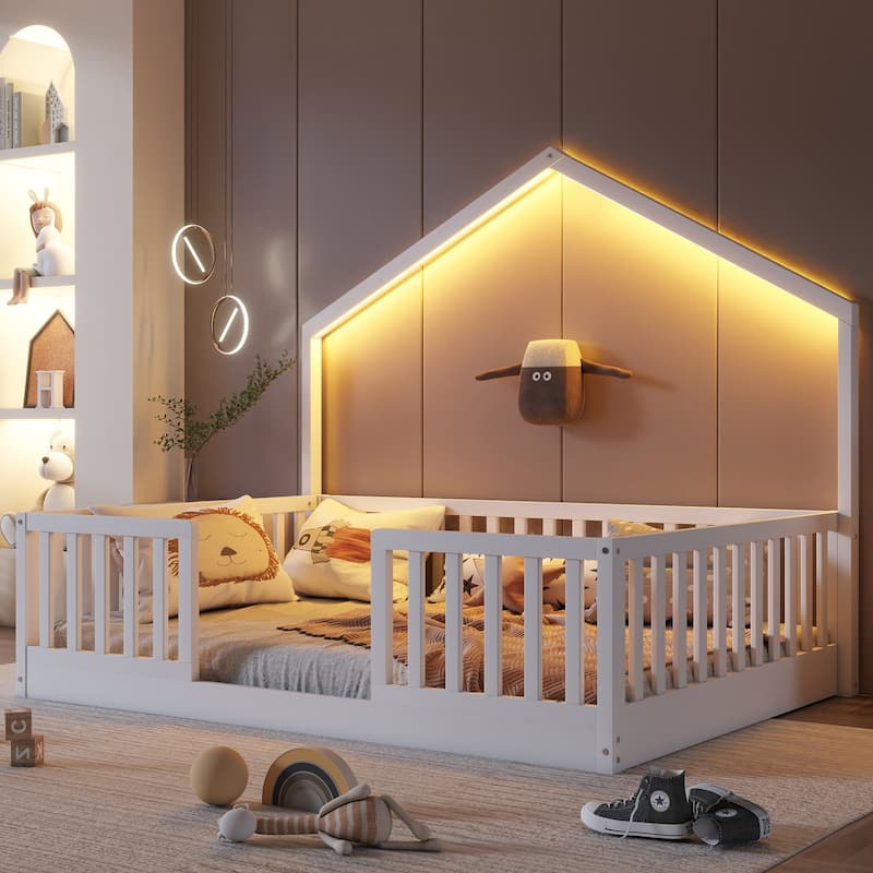 Full Floor Bed with High Rails, Wooden Montessori Bed with Light for Kids, Boys and Girls