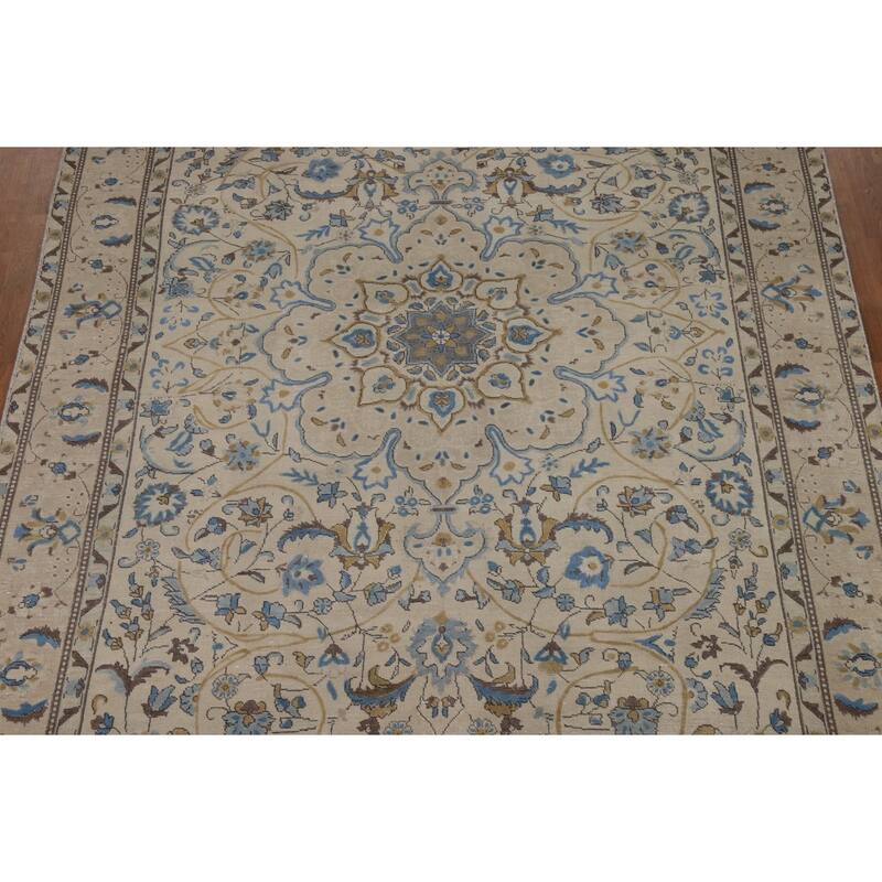 Floral Tabriz Persian Area Rug Beige Floral Handmade Wool Carpet - 7'2"x 10'5"