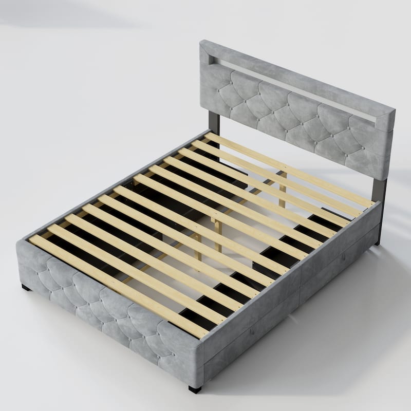 Upholstered Platform Bed, Velvet Fabric Storage Bed Frame with 4 Drawers and LED Headboard, No Box Spring Needed