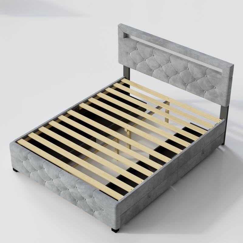 Upholstered Platform Storage Bed Frame with 4 Drawers and LED Light,No Box Spring Needed