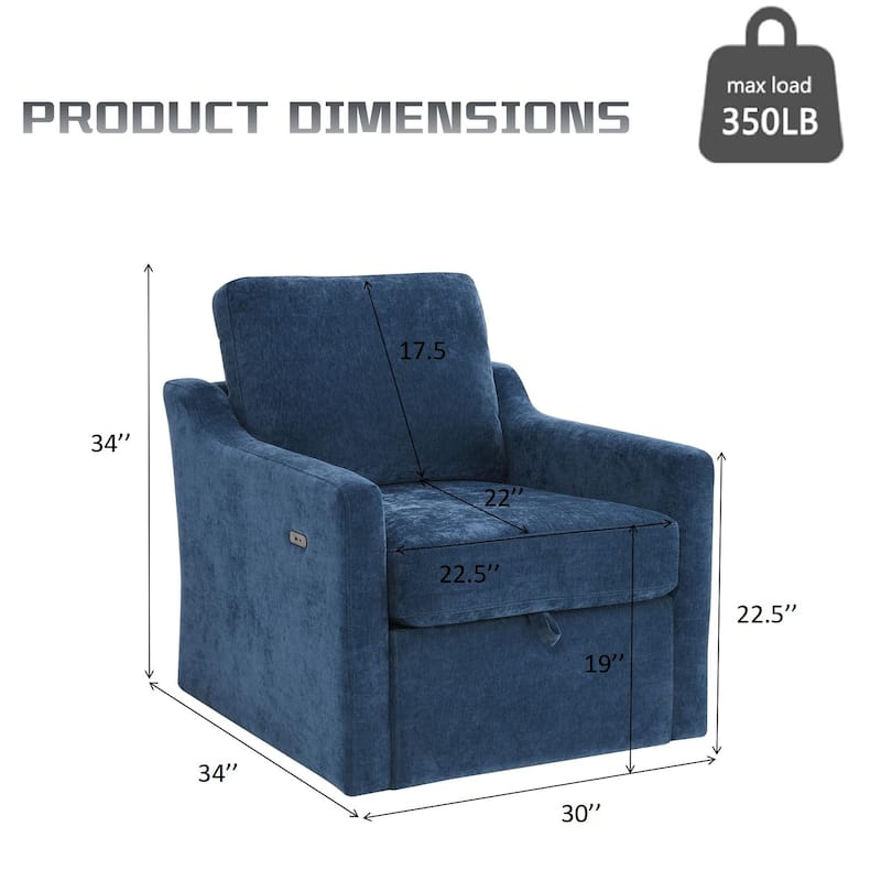 Chenille Swivel Accent Chair with USB/Type-C Charging, Book Pocket, and 360° Rotation