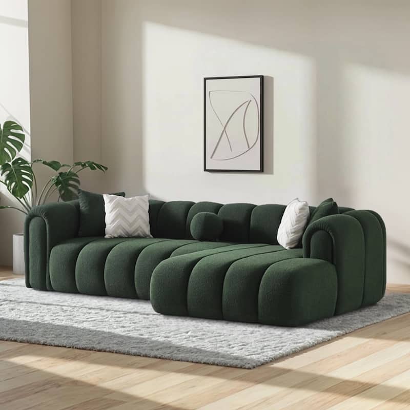 Sacramento Luxurious Modern Tufted Boucle Sectional Sofa with Chaise and Pillows - Dark Green Boucle - Right Facing
