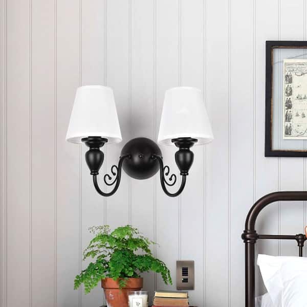 slide 2 of 10, 2 - Light Simple Round Wall Sconce with White Shades - Matte Black Matte Black