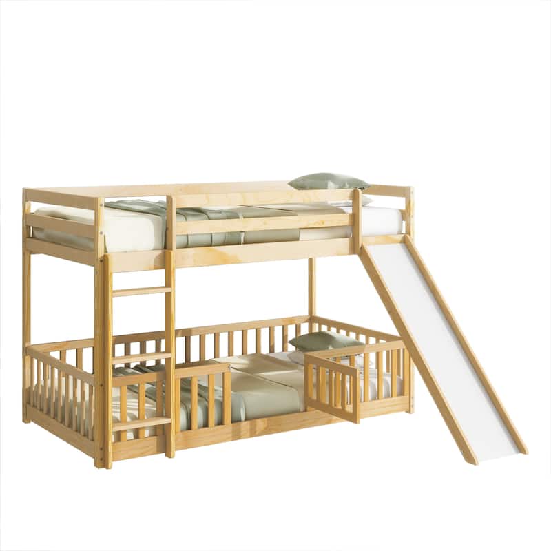 Twin Over Twin Floor Bunk Bed with Slide and Convertible 3-Way Design Safety Door & Guardrails (250lb Capacity)