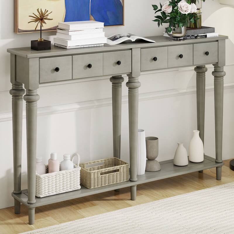 Versatile Hallway Table Side Table with 4 Storage Drawers, Gray Wash Accent Table Sofa Table with Bottom Open Shelf