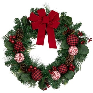 Red Bow and Mixed Foliage Artificial Christmas Wreath with Ornaments 30 ...