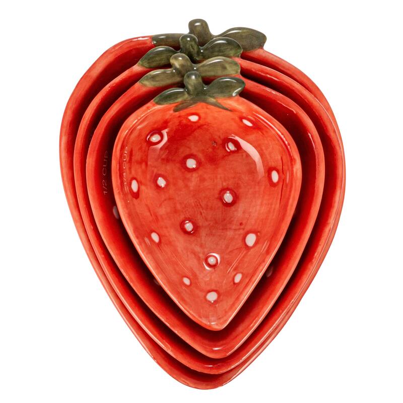 Hand-Painted Strawberry Stoneware Measuring Cups, Set of 4 - 5.9"L x 4.5"W x 1.8"H
