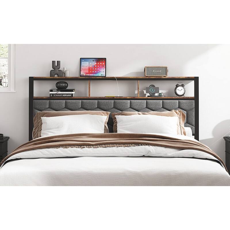 wooden platform bed frame, bedside with soft package and 2 USBs