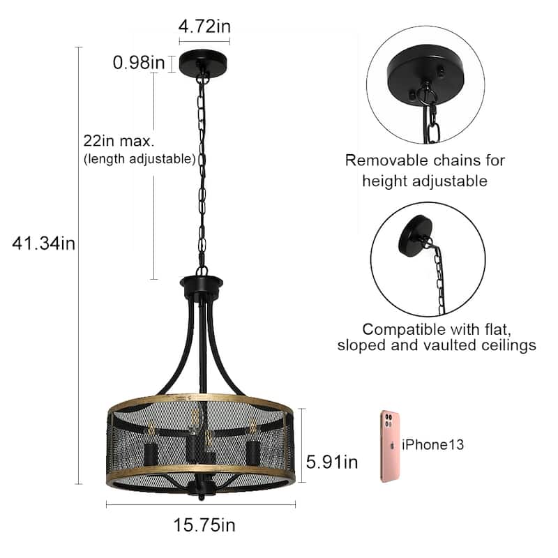 16" Industrial Pendant Light Farmhouse Hanging Lamp 4-light Drum Lampshade