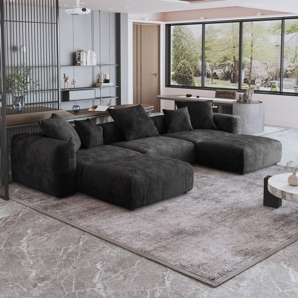 141.73" Modular Sectional Sofa, Corduroy U Shaped Sofa Couch with Ottomans