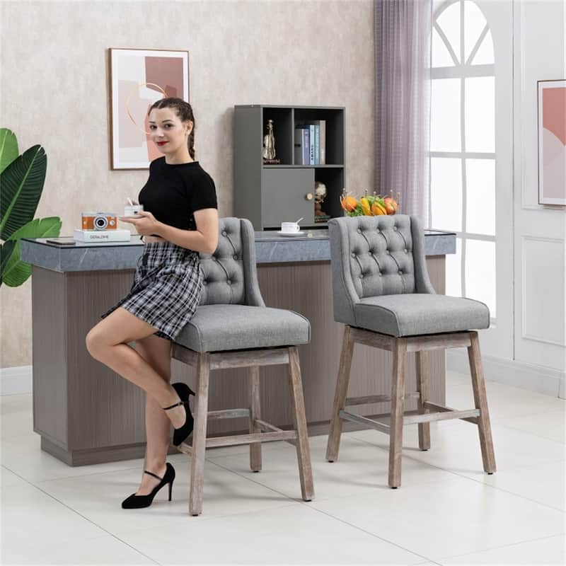 2-Pack Linen Upholstered Ergonomic Bar Stools with Swivel Seat and Solid Wood Legs - 19.25" W x 22.75" D x 43.25" H
